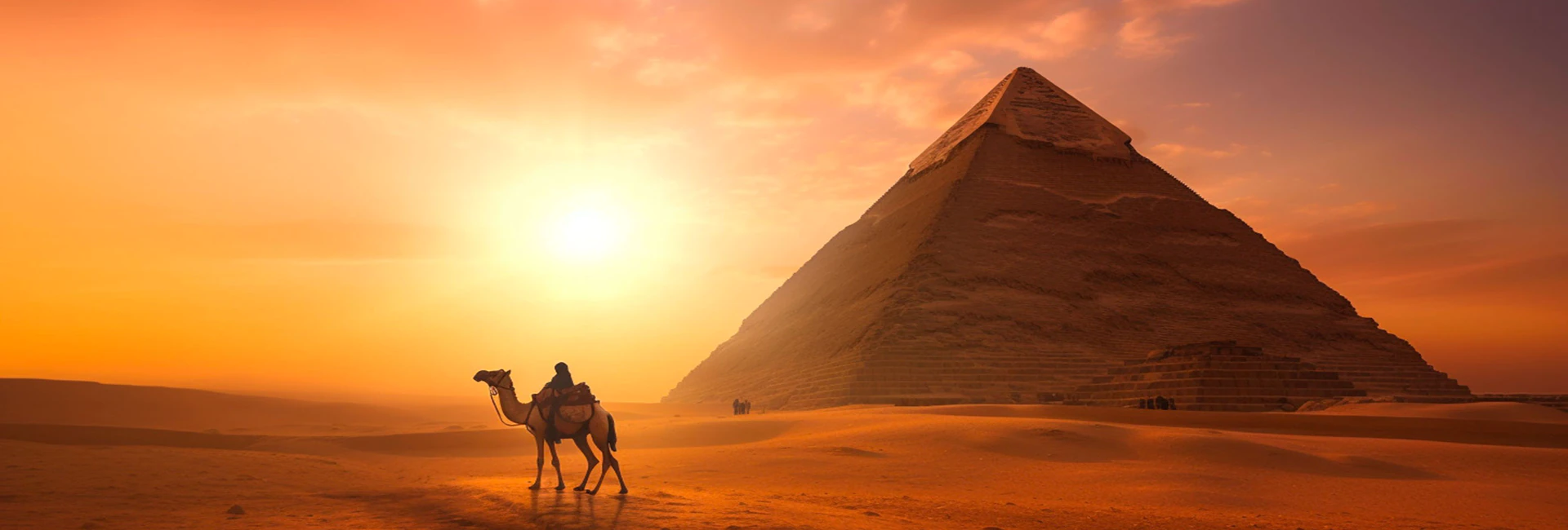 Giza Pyramids at sunset time with a standing camel next to it